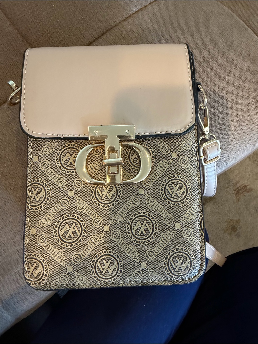Cream and Gold Patterned Crossbody Bag with Signature Hardware